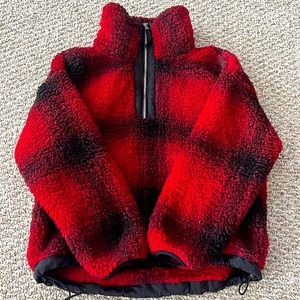 Abercrombie & Fitch Quarter Zip Sherpa Jacket, Red & Black Plaid